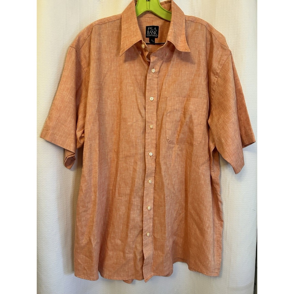 Jos A Bank Shirt Mens XL 100% Linen Peach Orange Button Up Short Sleeve